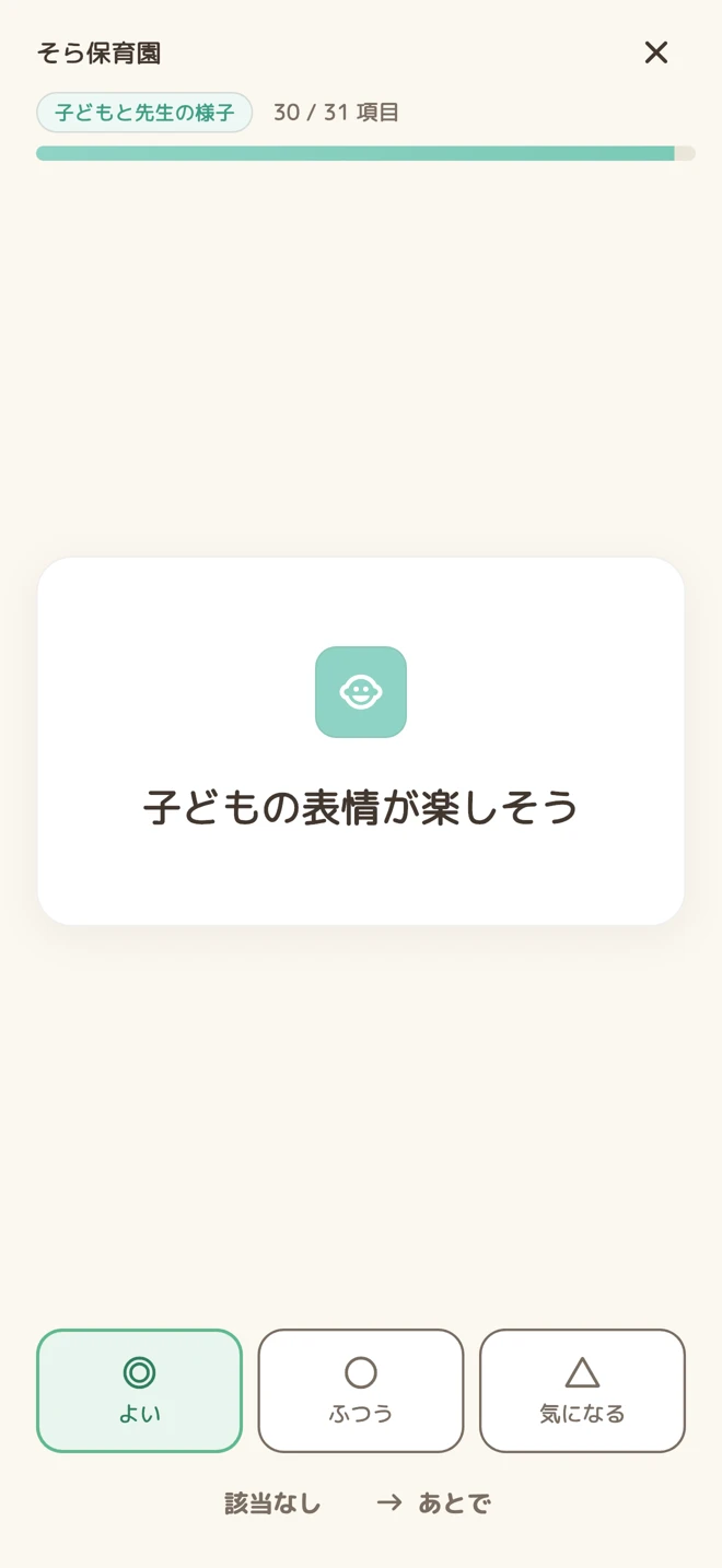見学中に一つずつ質問を確認し、よい・ふつう・気になるで記録
